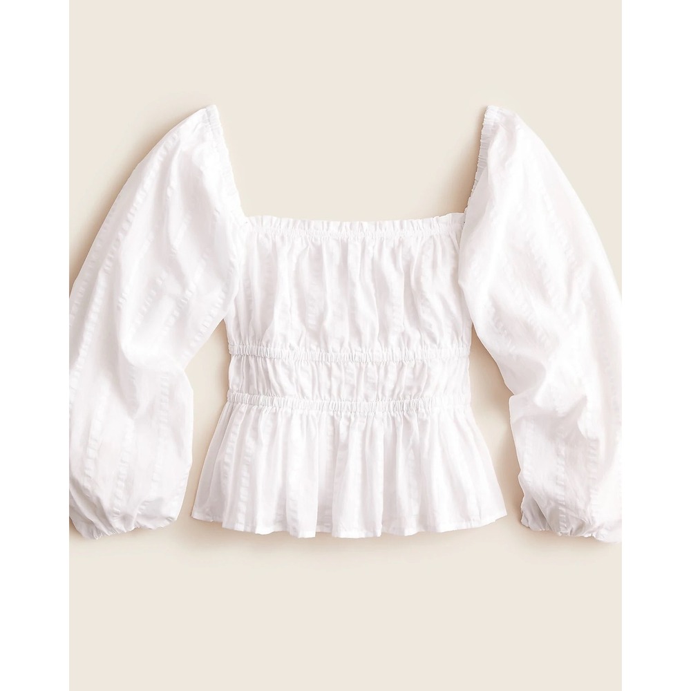 J.Crew White Puff Sleeve Textured Cotton Smocked Peplum Top BB269 Womens Small
